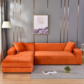 Housse de canapé d'angle en Velours - Avenora Orange sur fond gris