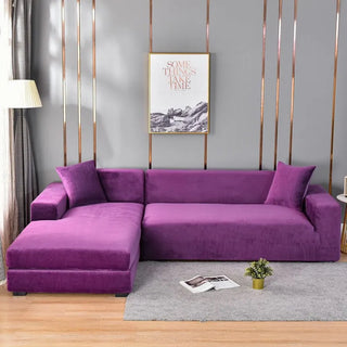 Luxura - Housse de canapé d'angle en Velours Violet sur fond gris