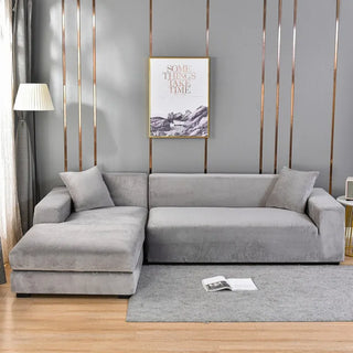 Luxura - Housse de canapé d'angle en Velours Gris clair sur fond gris