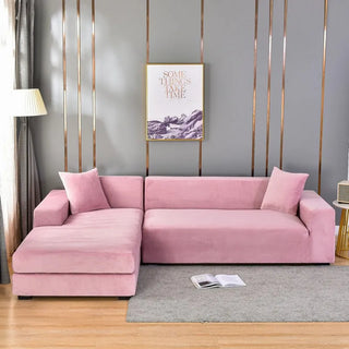 Luxura - Housse de canapé d'angle en Velours Rose sur fond gris