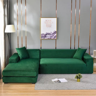 Luxura - Housse de canapé d'angle en Velours Vert foncé sur fond gris