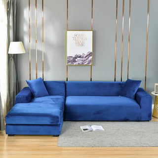 Housse de canapé d'angle en Velours - Avenora Bleu royal sur fond gris