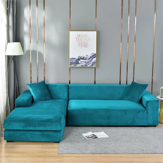 Luxura - Housse de canapé d'angle en Velours Bleu turquoise sur fond gris