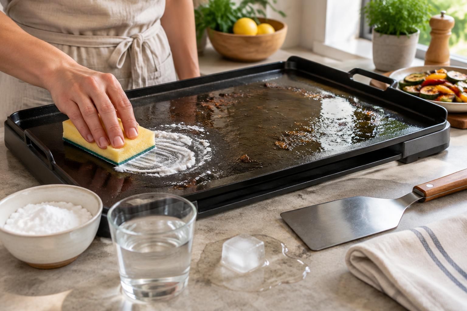 découvrez comment nettoyer efficacement une plancha en fonte émaillée avec du bicarbonate, du vinaigre ou un glaçon, sans abîmer sa surface.